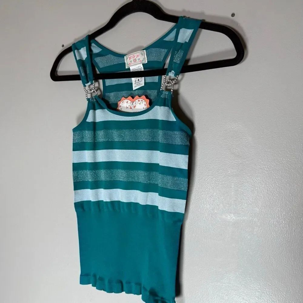 NWT F&F Teal Striped Rhinestone Strap Tank – 2000s Y2K Vacation Glam